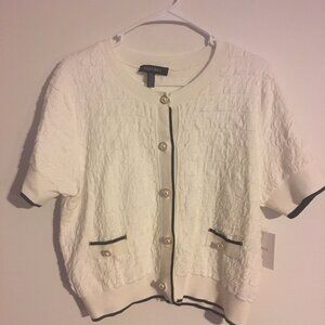 Ellen Tracy Ivory Cardigan with Navy Trim and Pearl Buttons X Large NWT